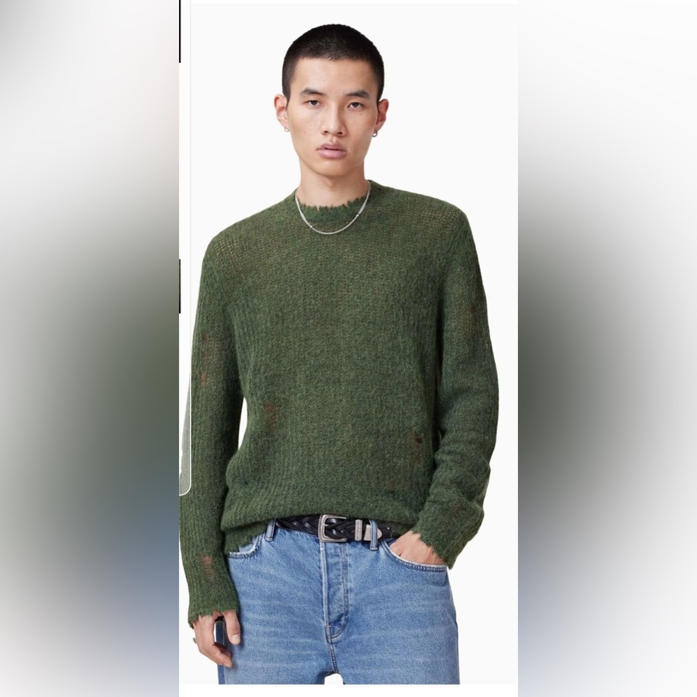 Brand New ALLSAINTS Distressed Green Sweater size Large